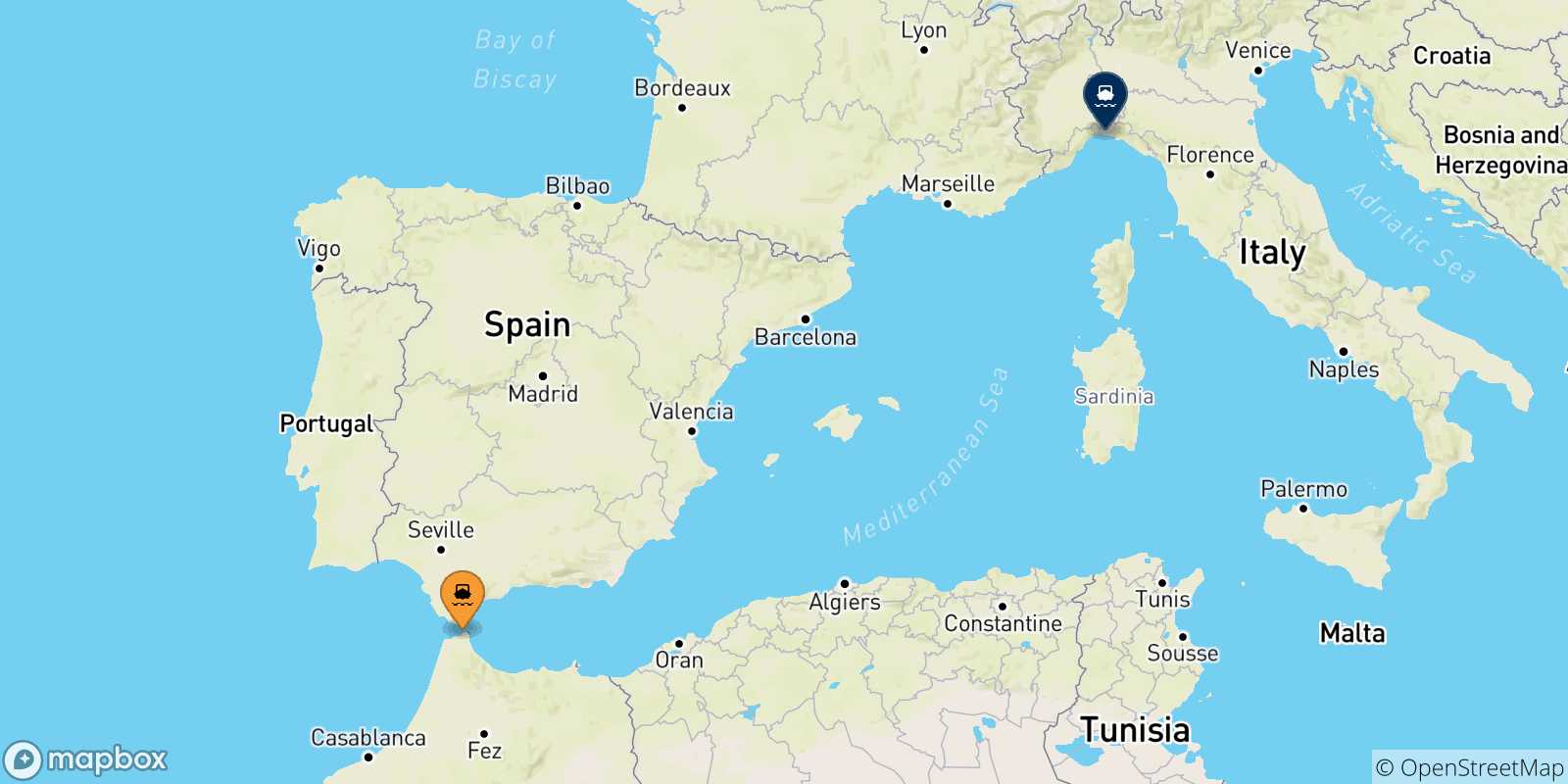 Mapa de las posibles rutas entre Marruecos y  Genova