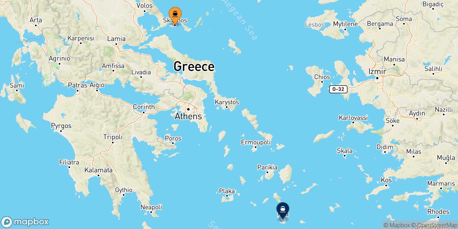 Mapa de los puertos conectados con  Santorini