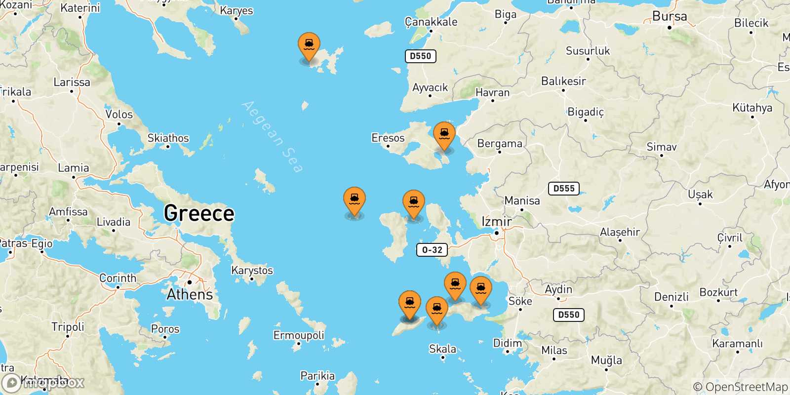 Mapa de las posibles rutas entre Islas Del Egeo y  Quios