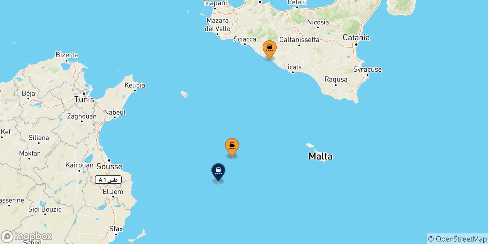 Mapa de las posibles rutas entre Italia y  Lampedusa