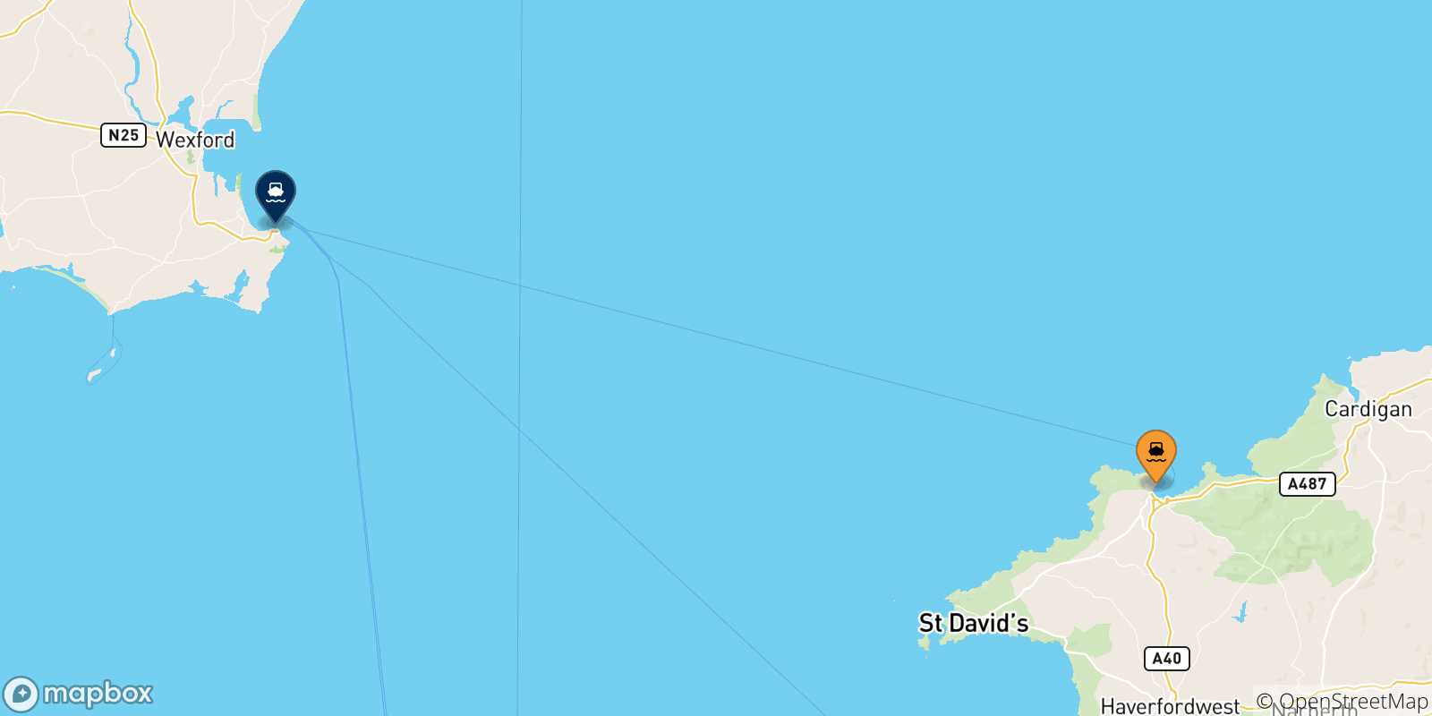 Mapa de las posibles rutas entre Fishguard y  Irlanda