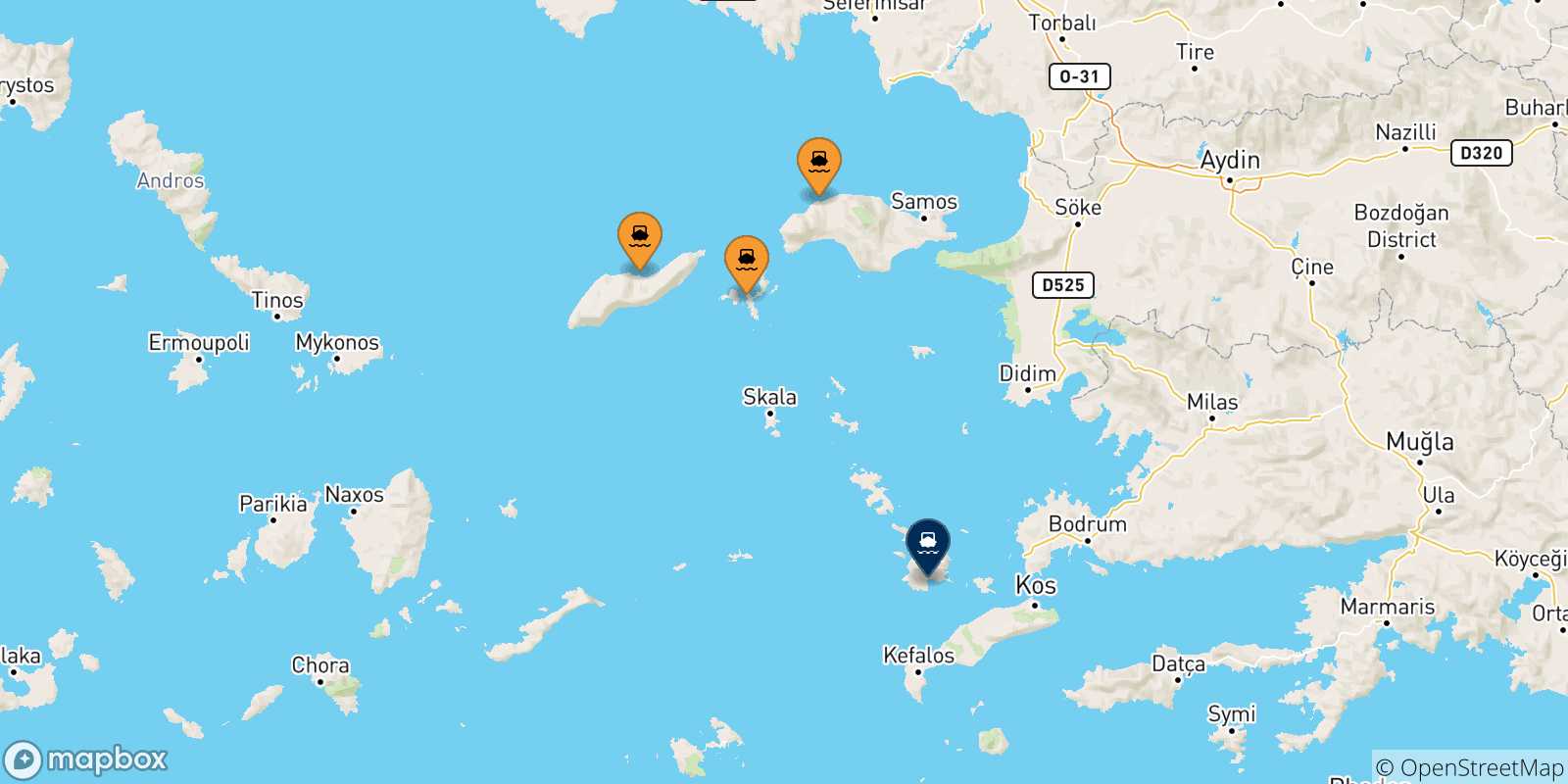 Mapa de las posibles rutas entre Islas Del Egeo y  Kalymnos