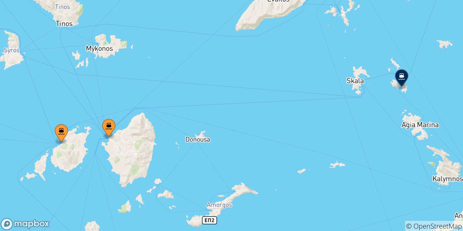 Mapa de las posibles rutas entre Las Cicladas y  Lipsi