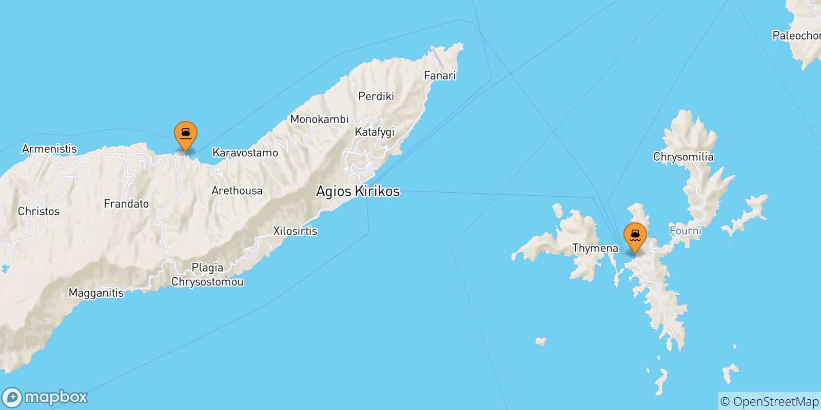 Mapa de las posibles rutas entre Islas Del Egeo y  Pythagorio (Samos)