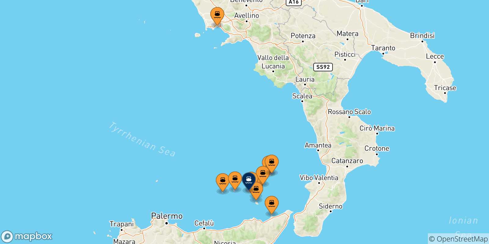 Mapa de las posibles rutas entre Italia y  Rinella (Salina)