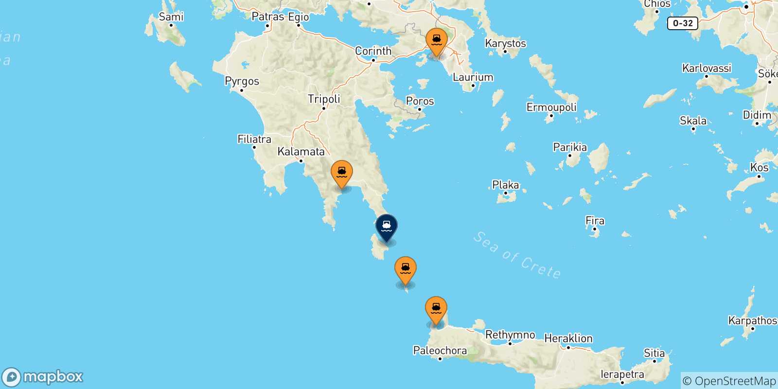 Mapa de las posibles rutas entre Grecia y  Kythira