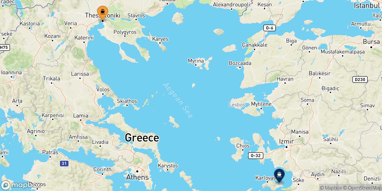 Mapa de la ruta Salónica Vathi (Samos)