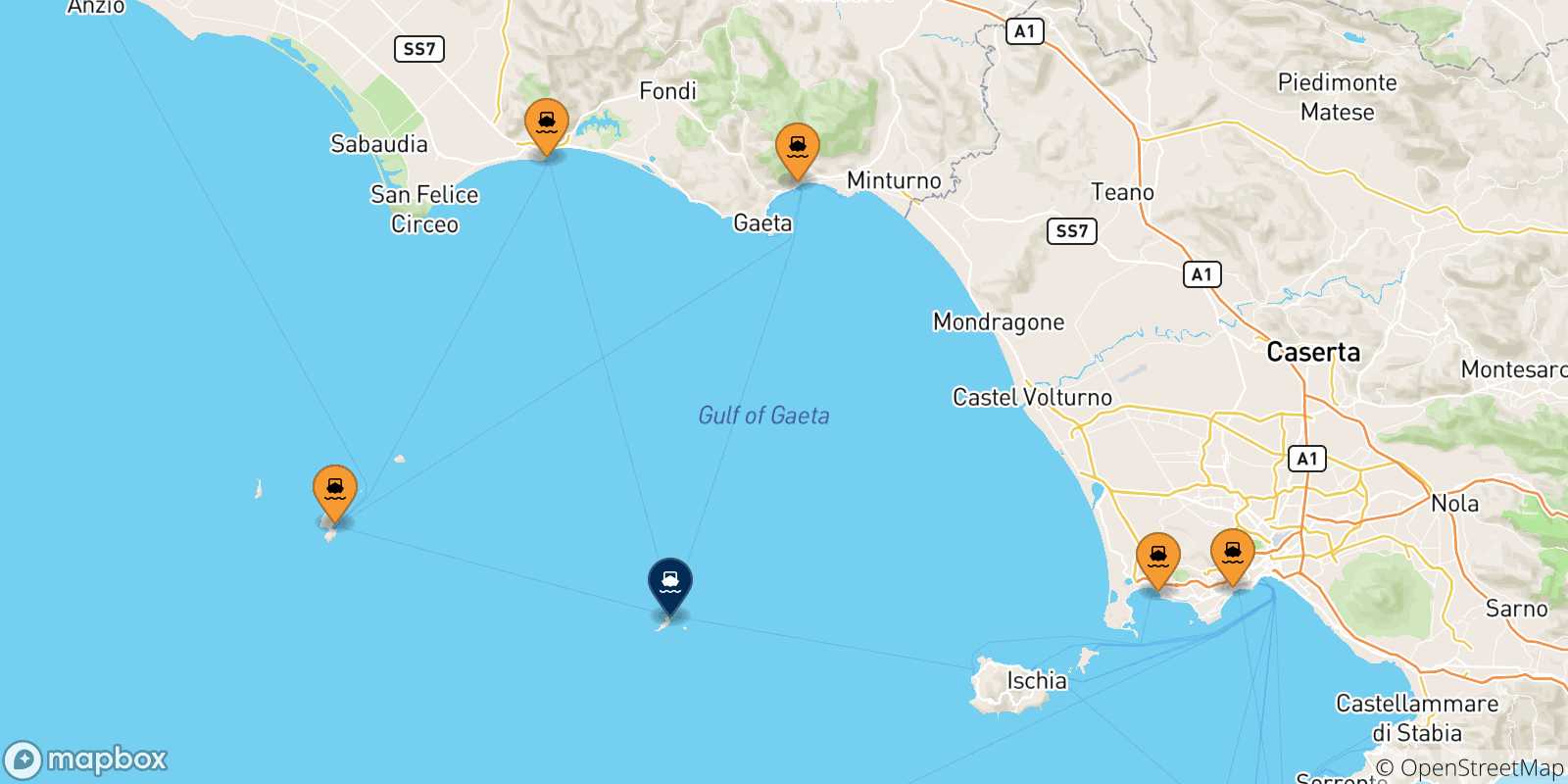 Mapa de las posibles rutas entre Italia y  Ventotene