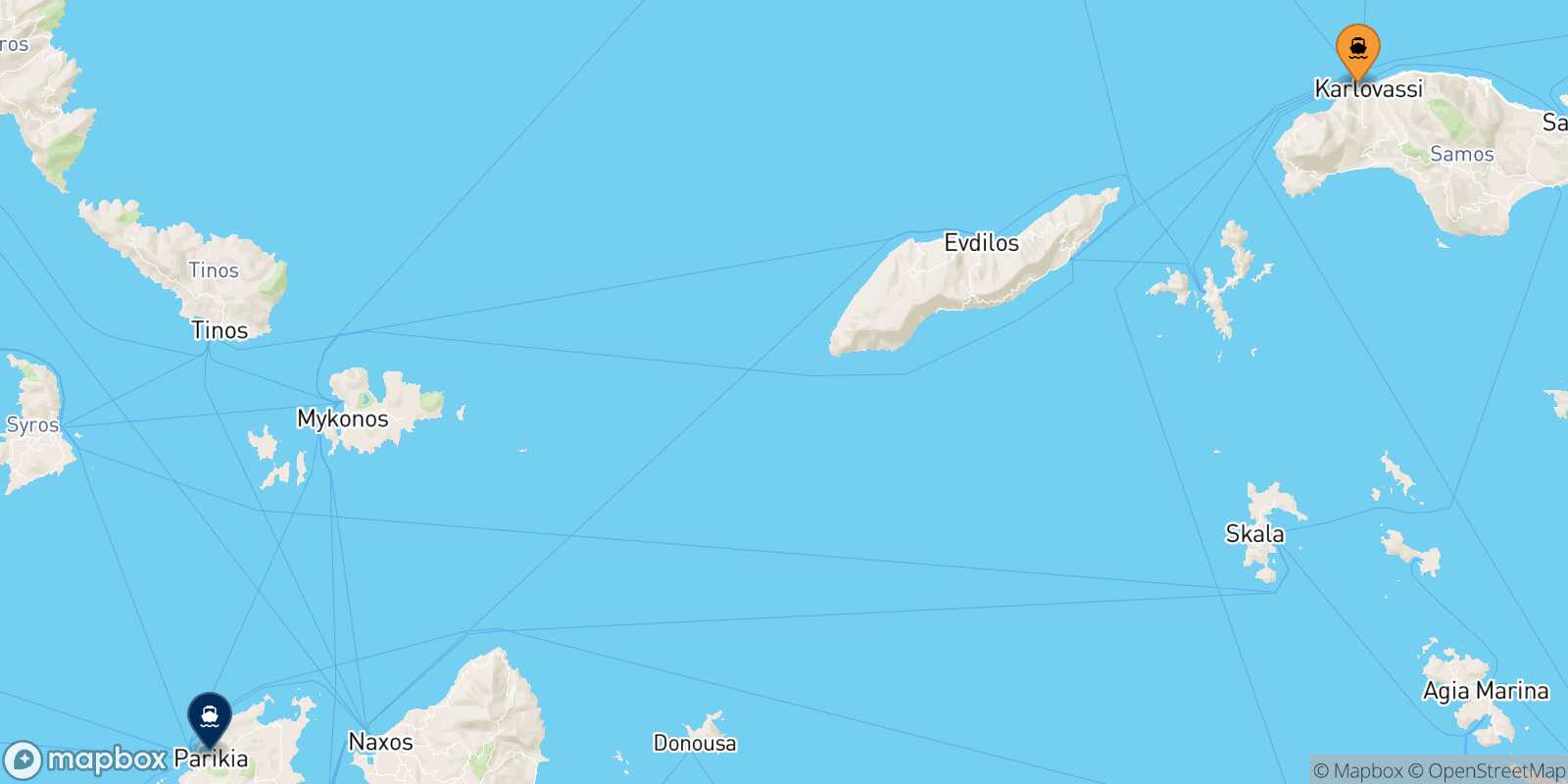 Mapa de la ruta Karlovassi (Samos) Paros