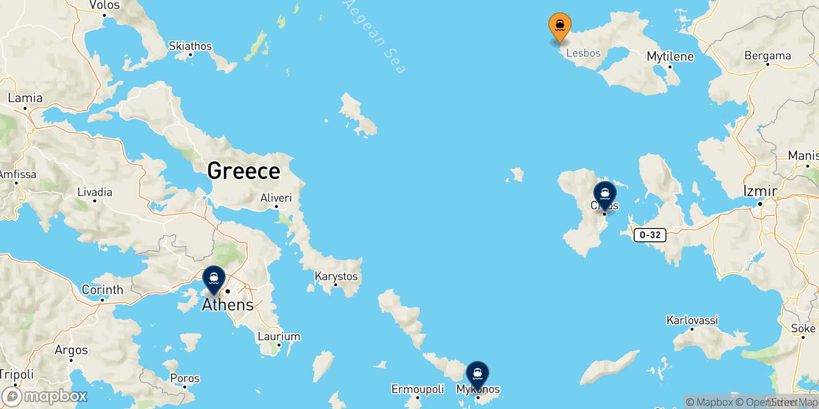 Mapa de los destinos alcanzables de Sigri (Lesvos)