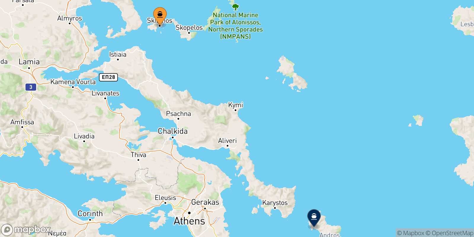 Mapa de los puertos conectados con  Andros