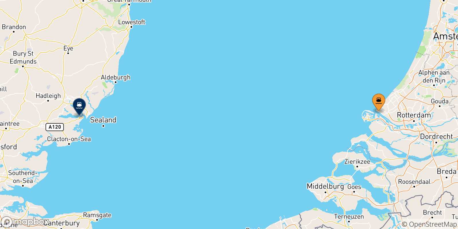 Mapa de las posibles rutas entre Países Bajos y  Harwich