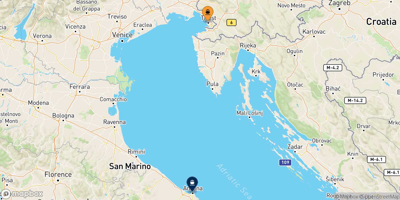 Mapa de la ruta Trieste Ancona