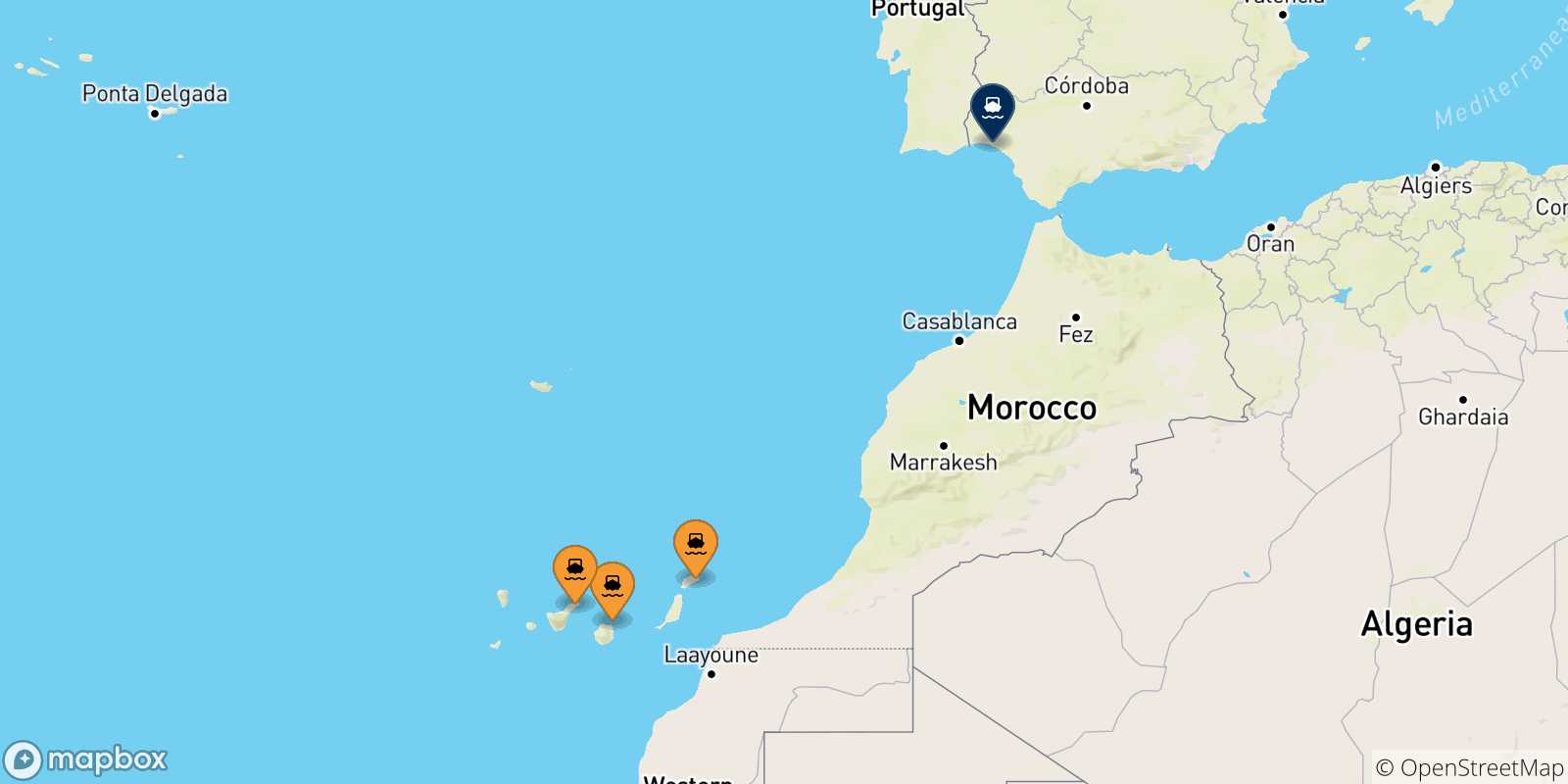 Mapa de las posibles rutas entre España y  Huelva