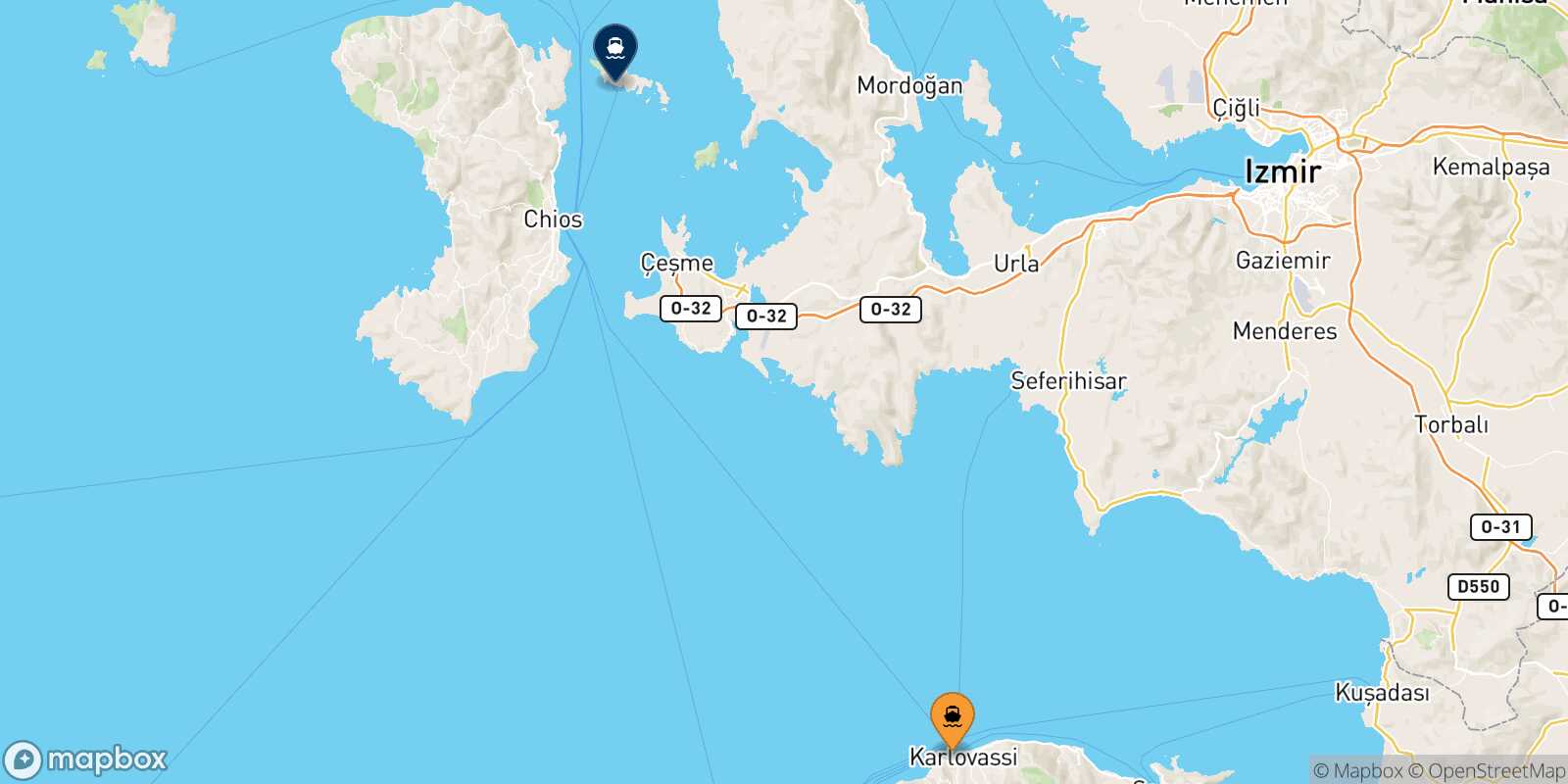 Mapa de la ruta Karlovassi (Samos) Inousses
