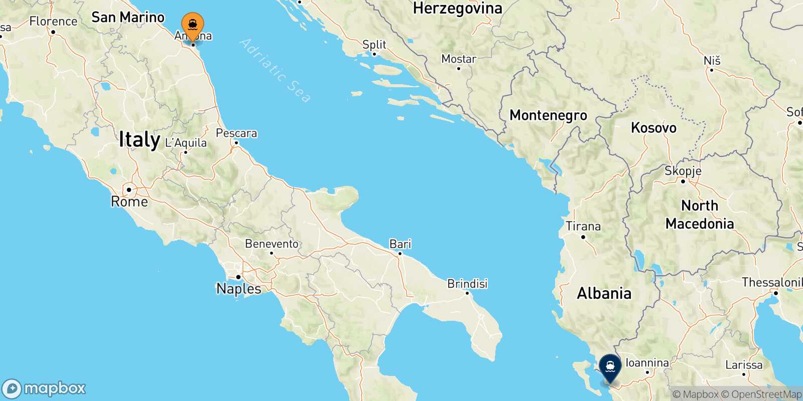 Mapa de la ruta Ancona Igoumenitsa