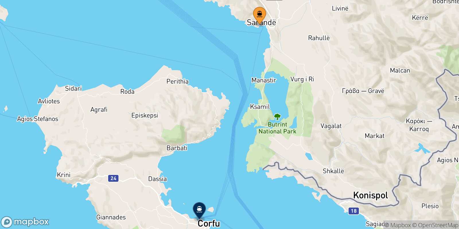 Mapa de la ruta Saranda Corfu