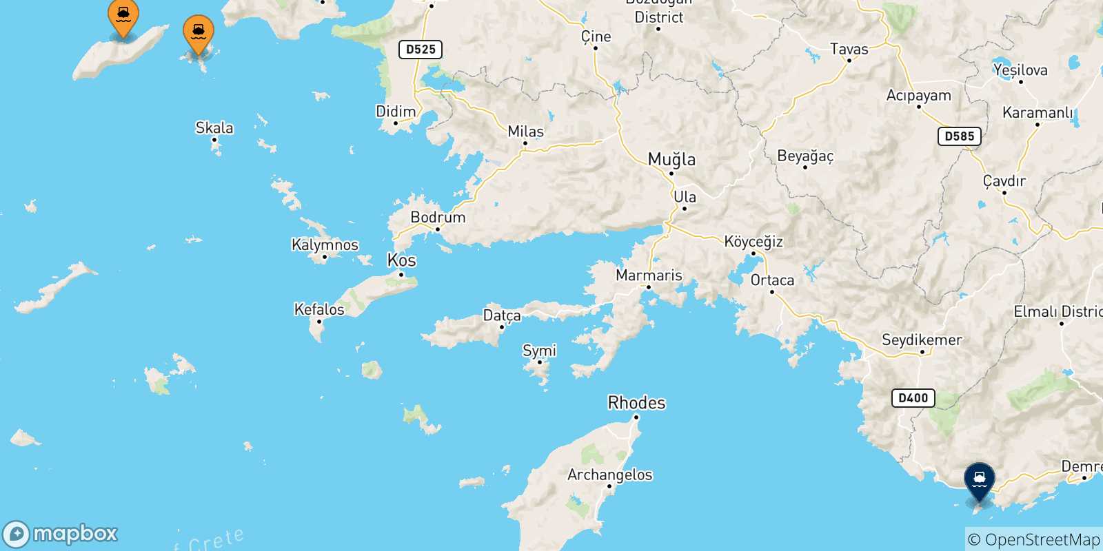 Mapa de las posibles rutas entre Islas Del Egeo y  Kastelorizo