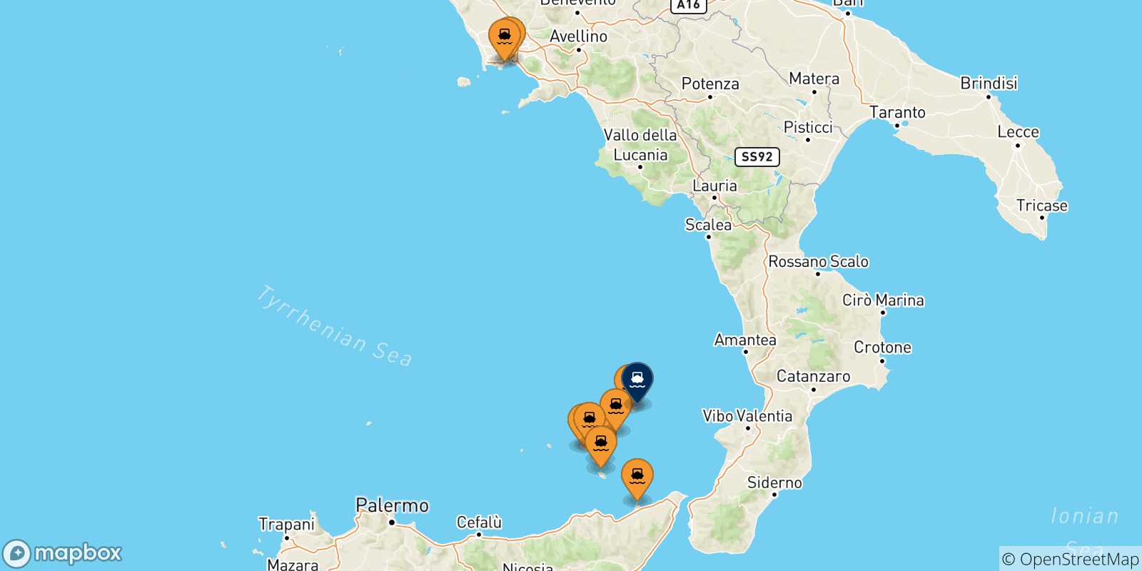 Mapa de las posibles rutas entre Italia y  Stromboli