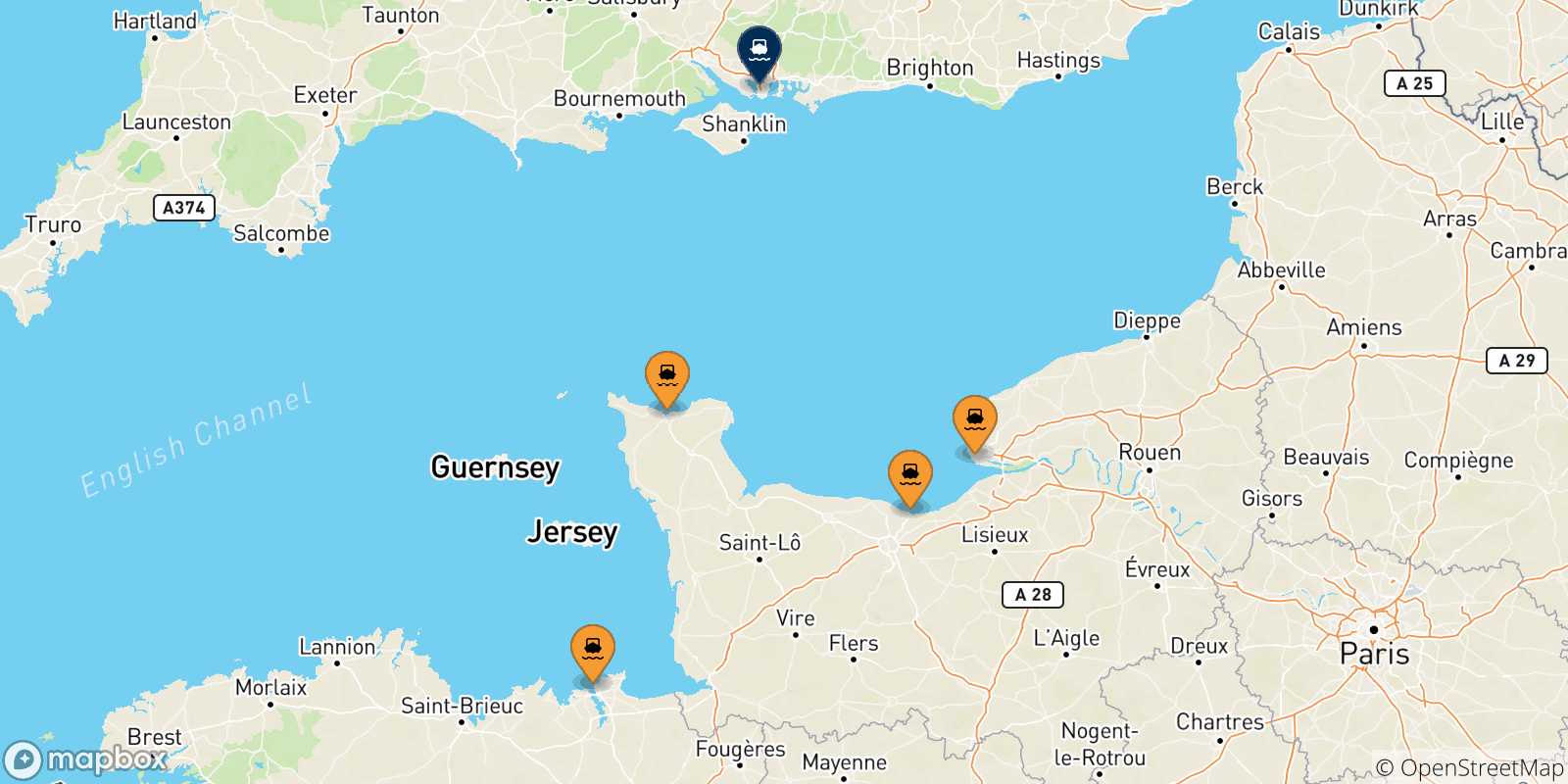 Mapa de las posibles rutas entre Francia y  Portsmouth