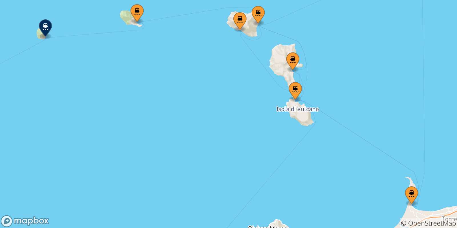 Mapa de las posibles rutas entre Italia y  Alicudi