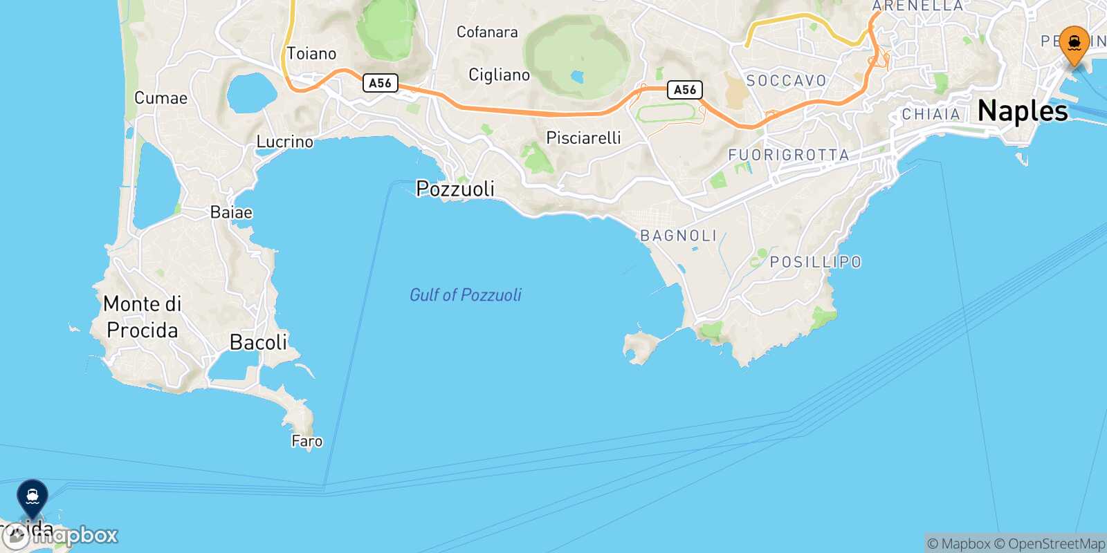 Mapa de la ruta Nápoles Beverello Procida