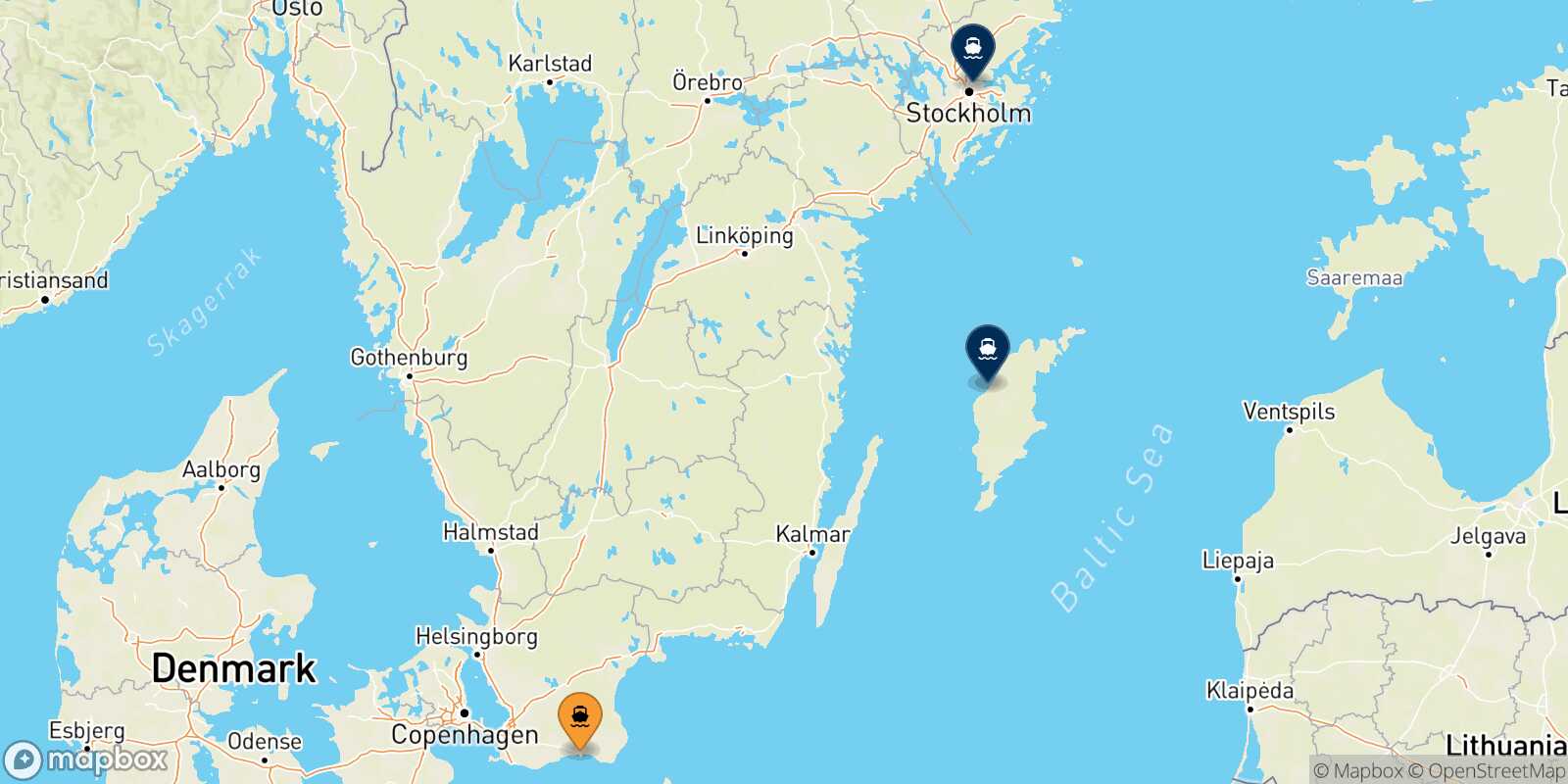 Mapa de los destinos alcanzables de Ystad