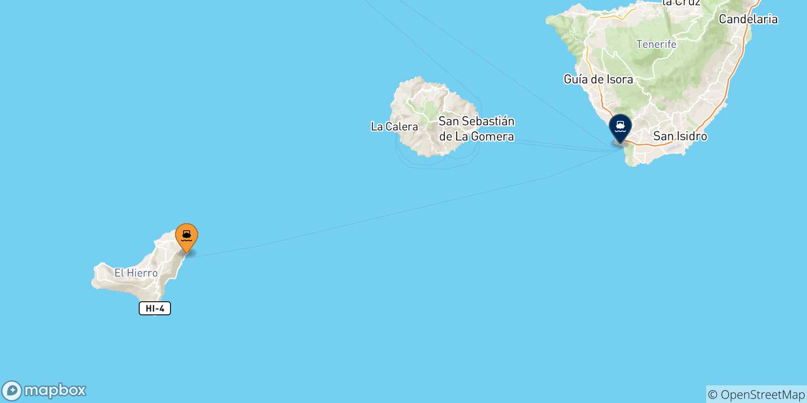 Mapa de las posibles rutas entre Valverde (El Hierro) y  Islas Canarias