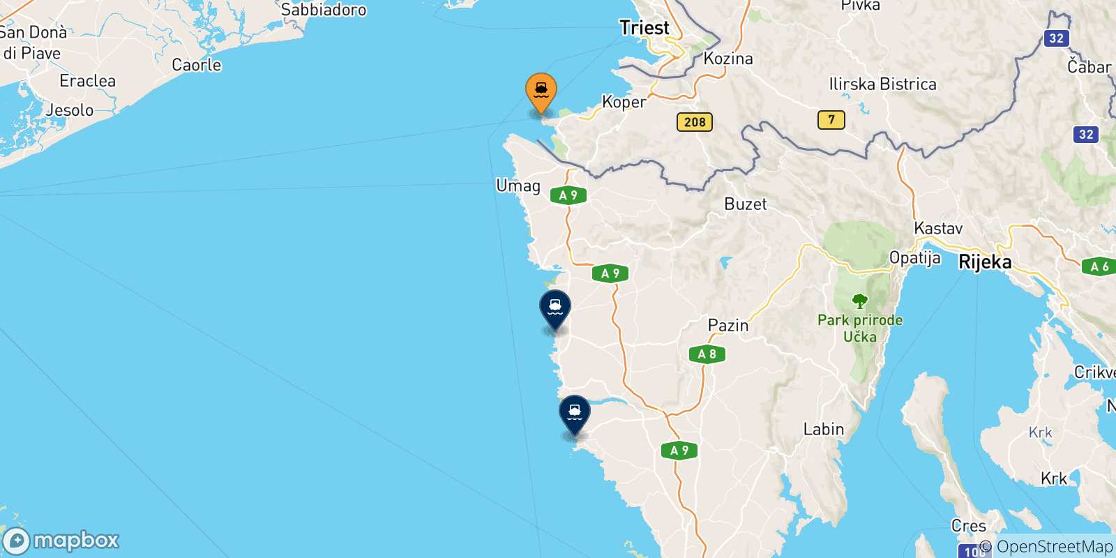 Mapa de las posibles rutas entre Piran y  Croacia