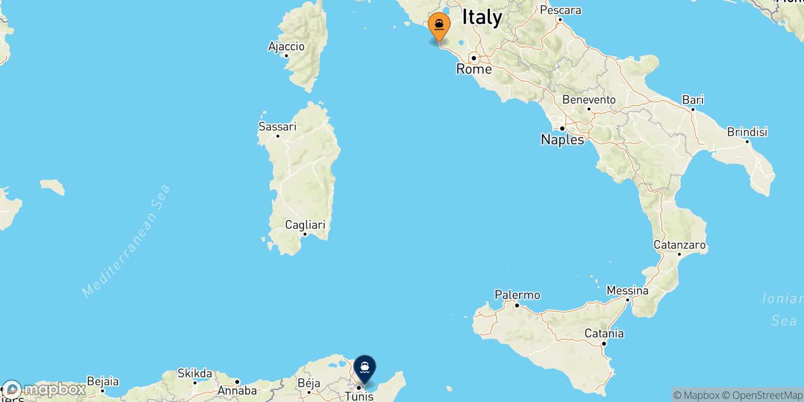 Mapa de los destinos alcanzables de Civitavecchia
