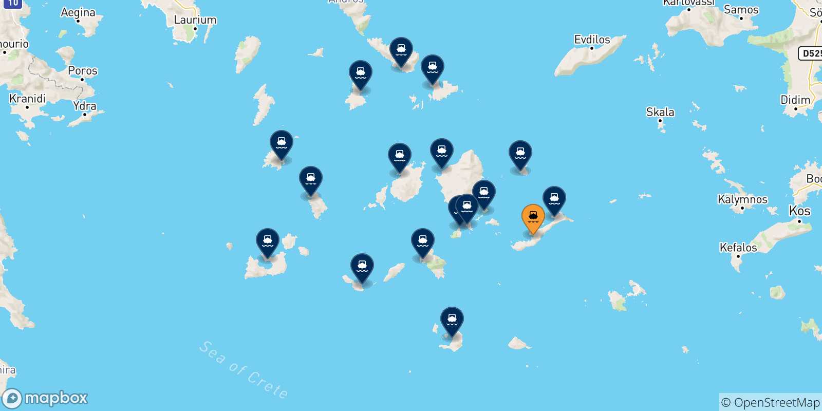 Mapa de las posibles rutas entre Katapola (Amorgos) y  Las Cicladas