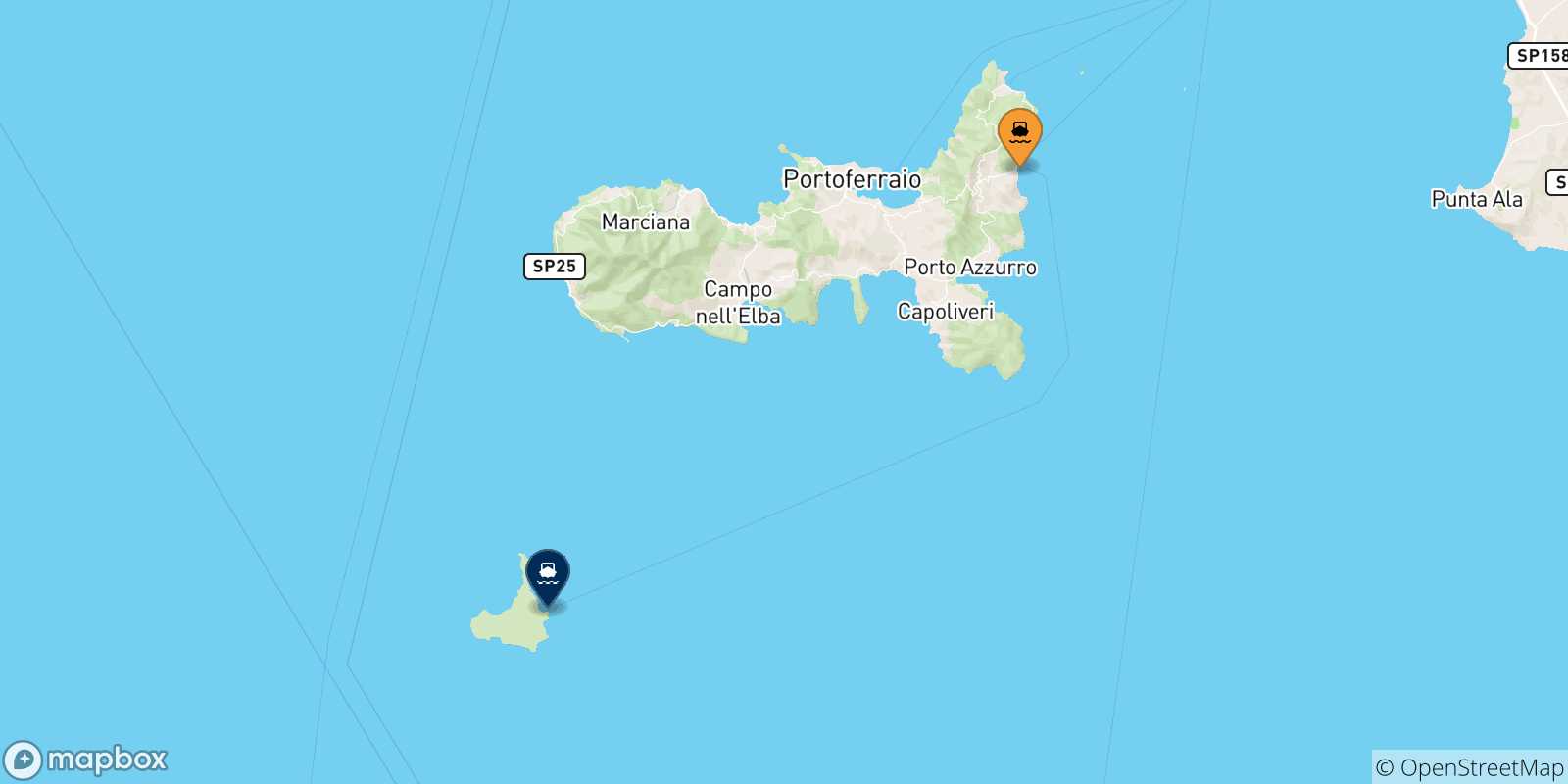 Mapa de las posibles rutas entre Isla De Elba y  Isla De Pianosa