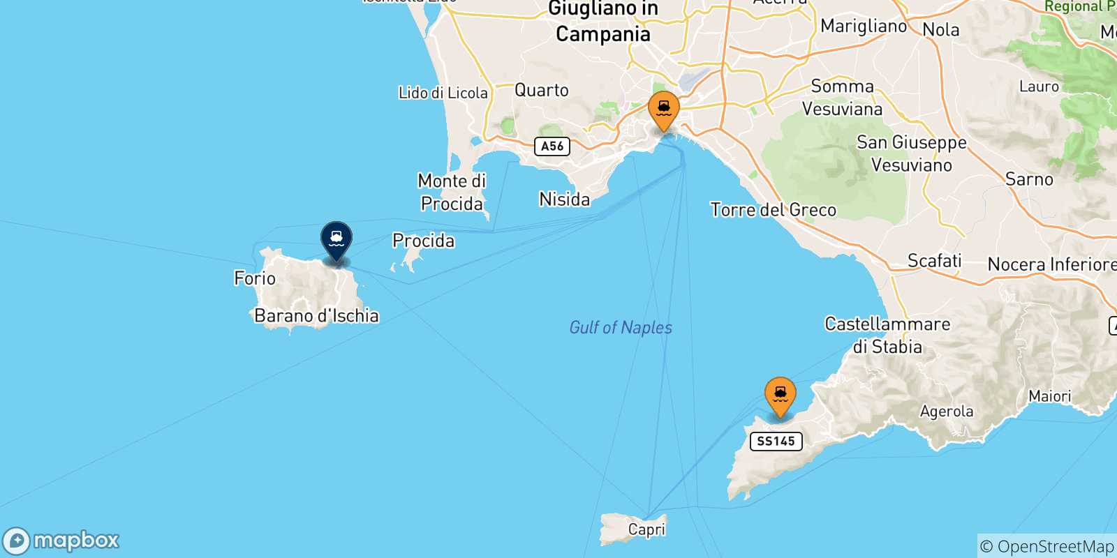 Mapa de las posibles rutas entre Italia y  Ischia