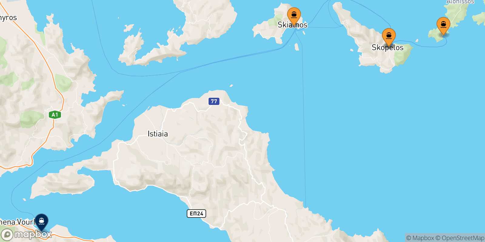 Mapa de los puertos conectados con  Agios Konstantinos