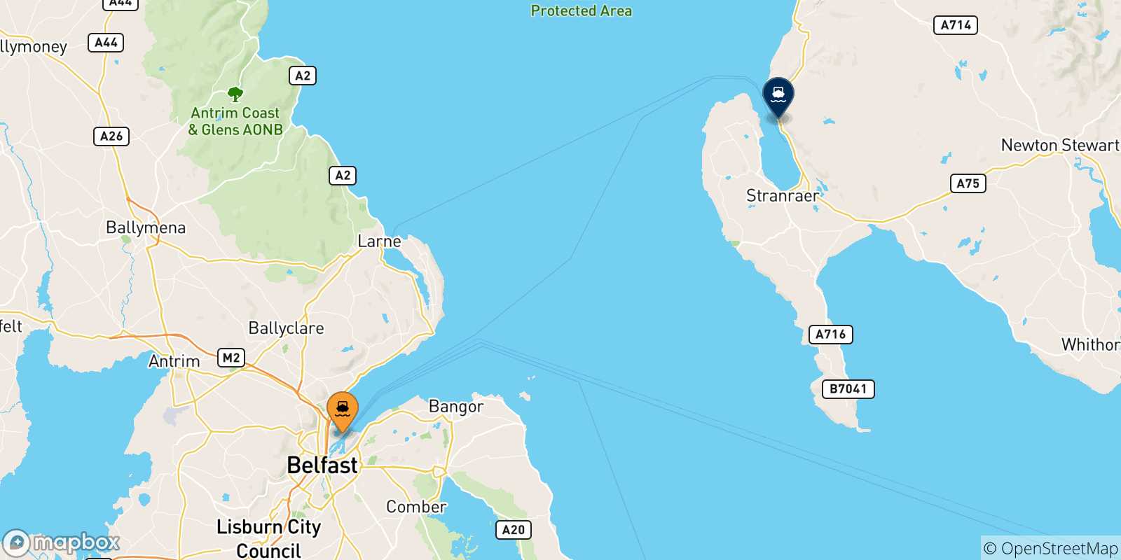 Mapa de los puertos conectados con  Escocia
