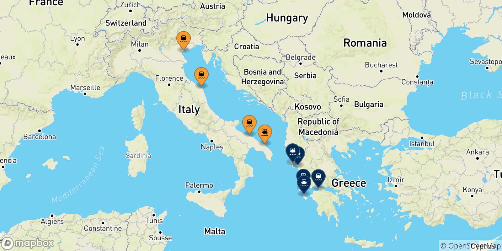 Mapa de las posibles rutas entre Italia y  Grecia