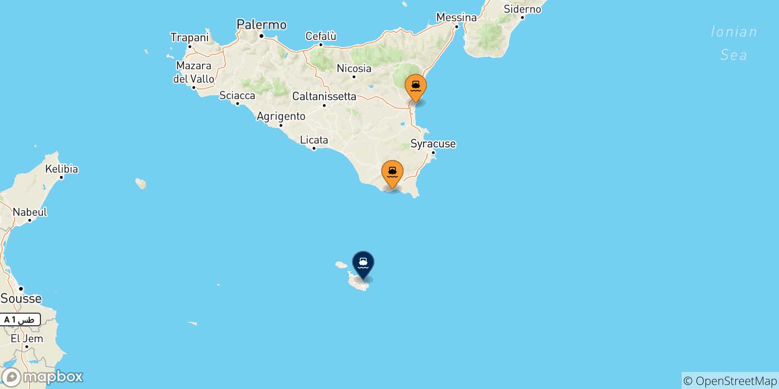 Mapa de las posibles rutas entre Sicilia y  La Valletta (Malta)