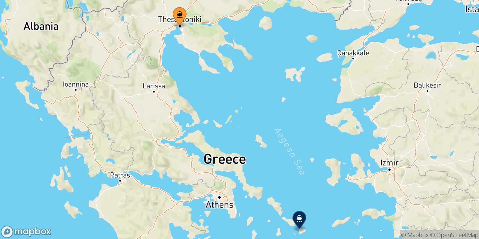 Mapa de la ruta Salónica Mykonos