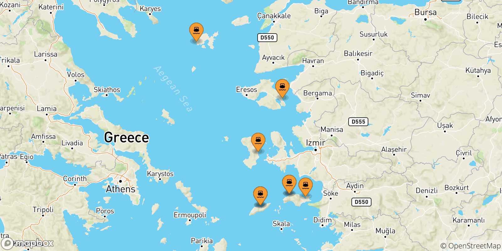Mapa de las posibles rutas entre Islas Del Egeo y  Fourni