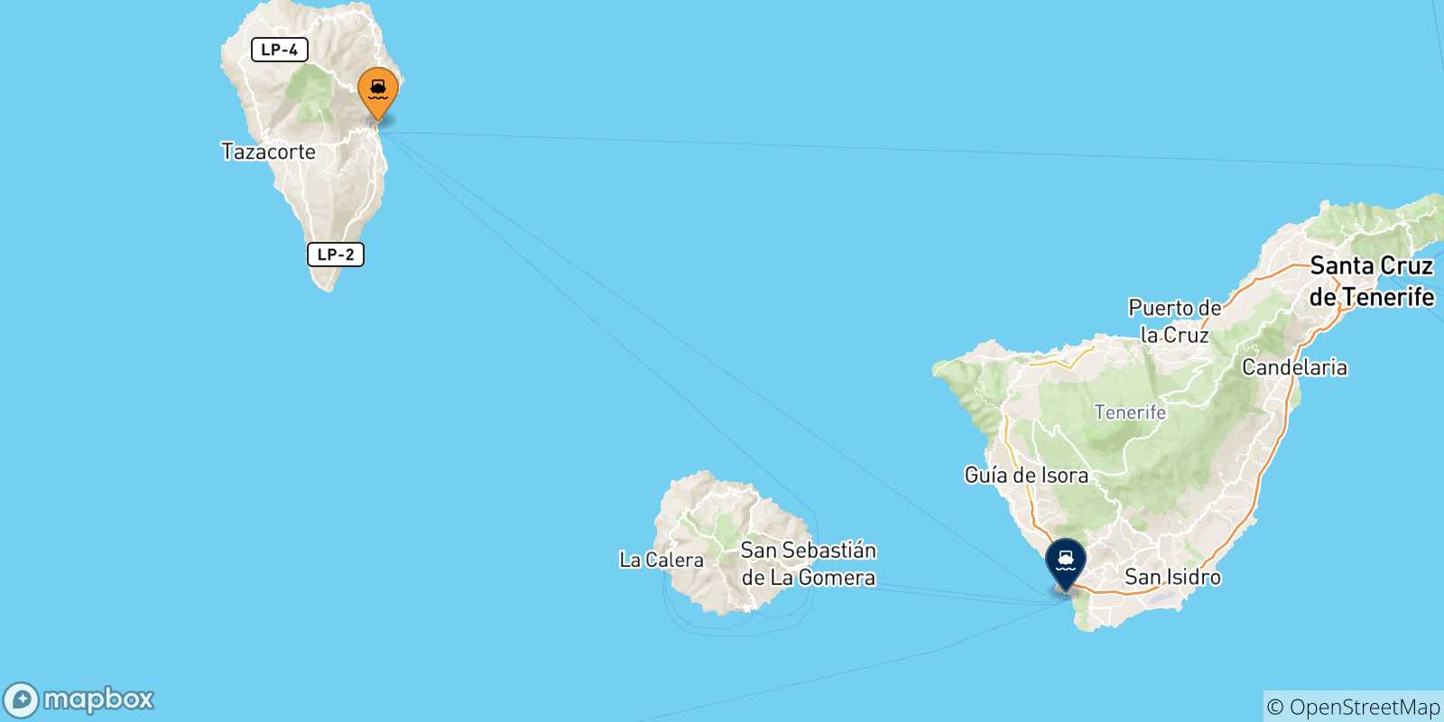 Mapa de las posibles rutas entre Santa Cruz De La Palma y  España