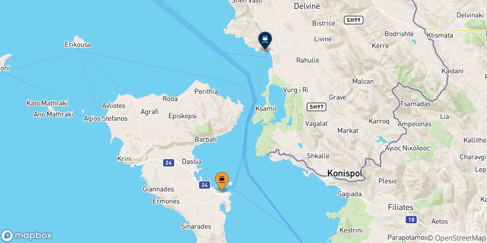 Mapa de las posibles rutas entre Grecia y  Albania
