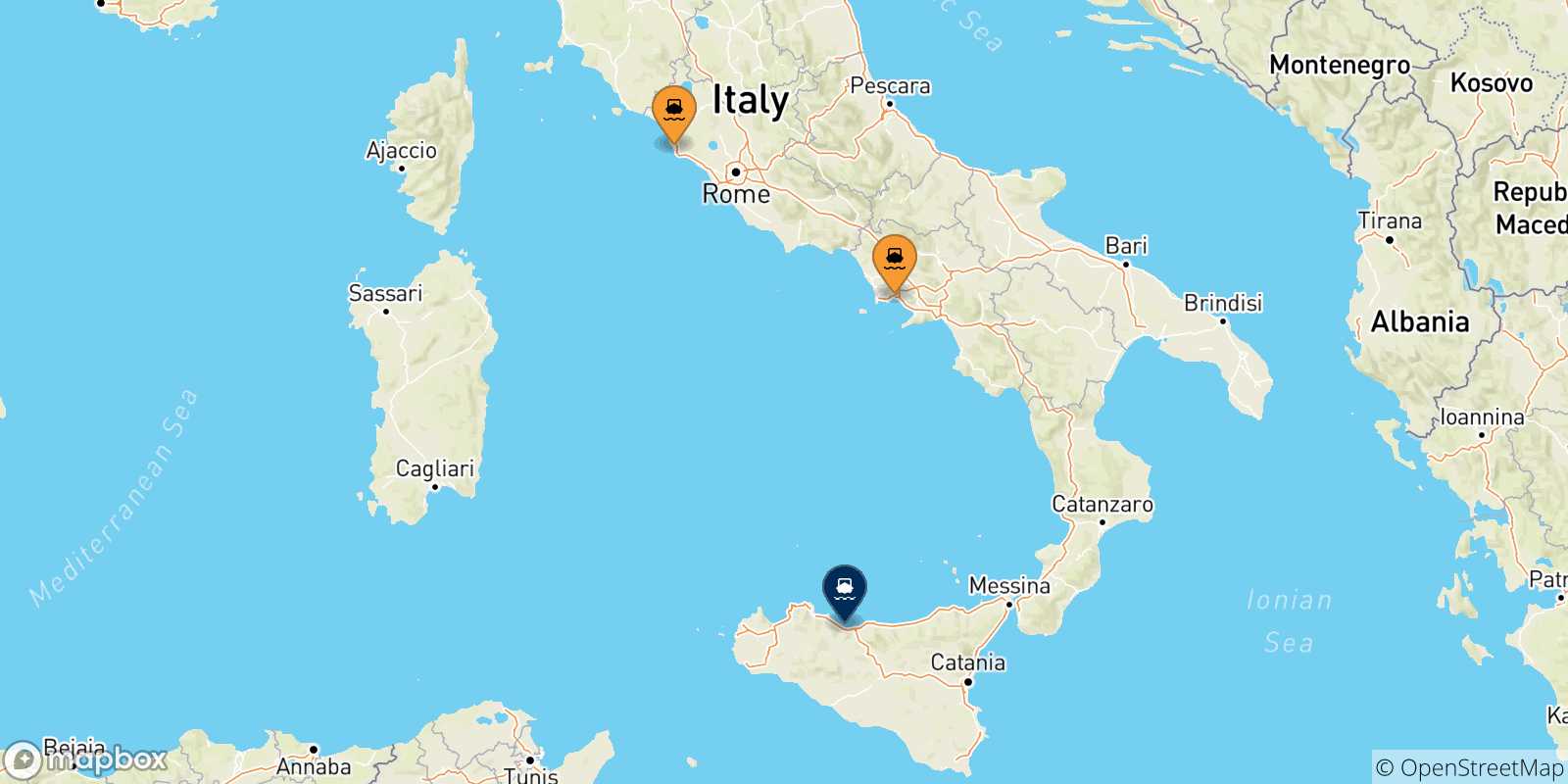 Mapa de las posibles rutas entre Italia y  Termini Imerese