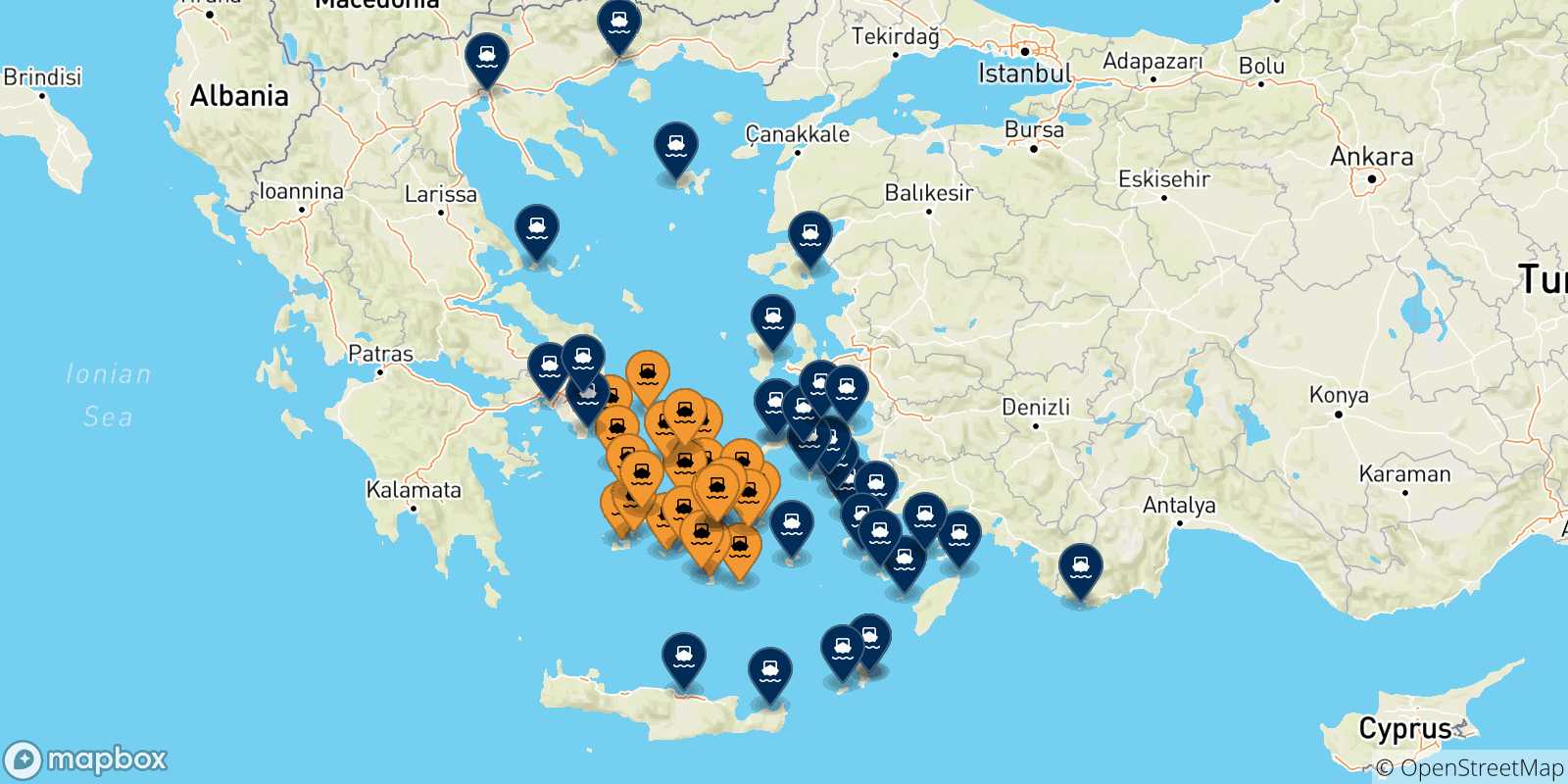 Mapa de las posibles rutas entre Las Cicladas y  Grecia