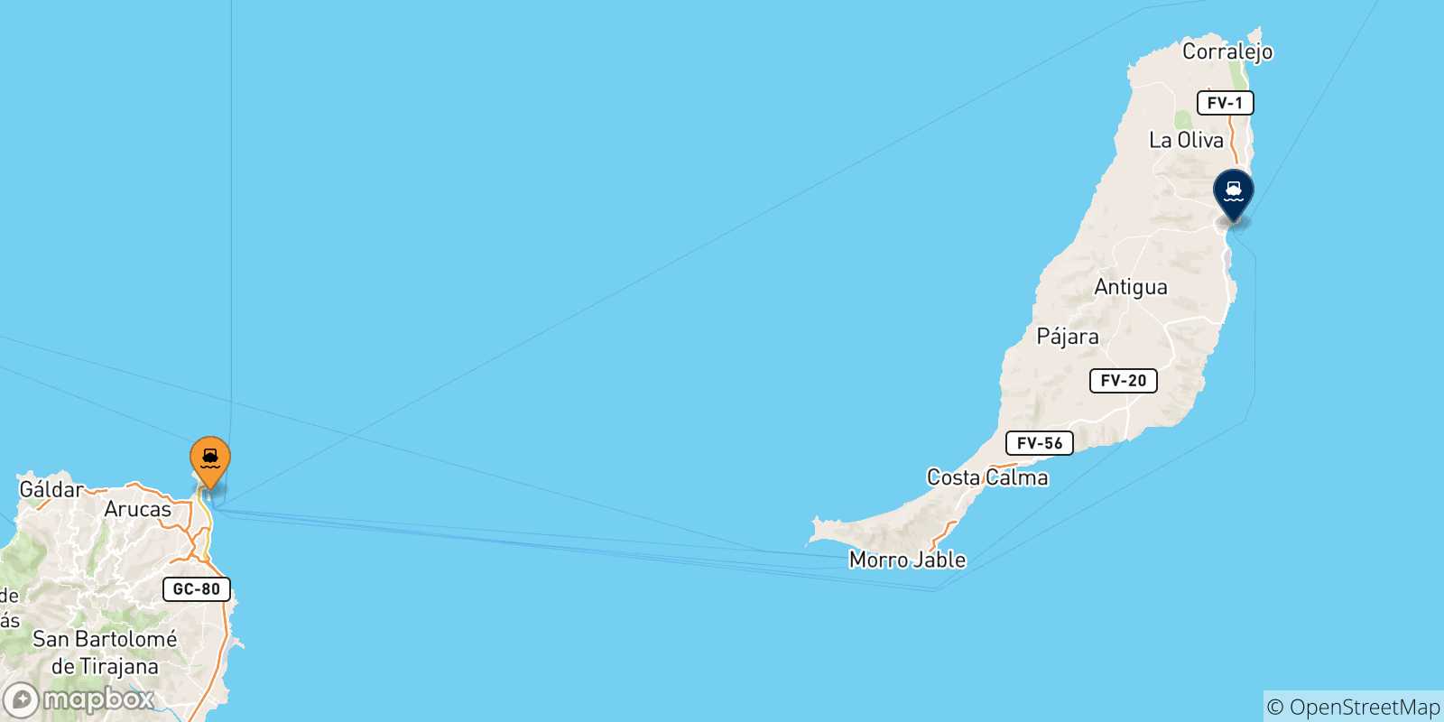 Mapa de las posibles rutas entre España y  Puerto Del Rosario (Fuerteventura)