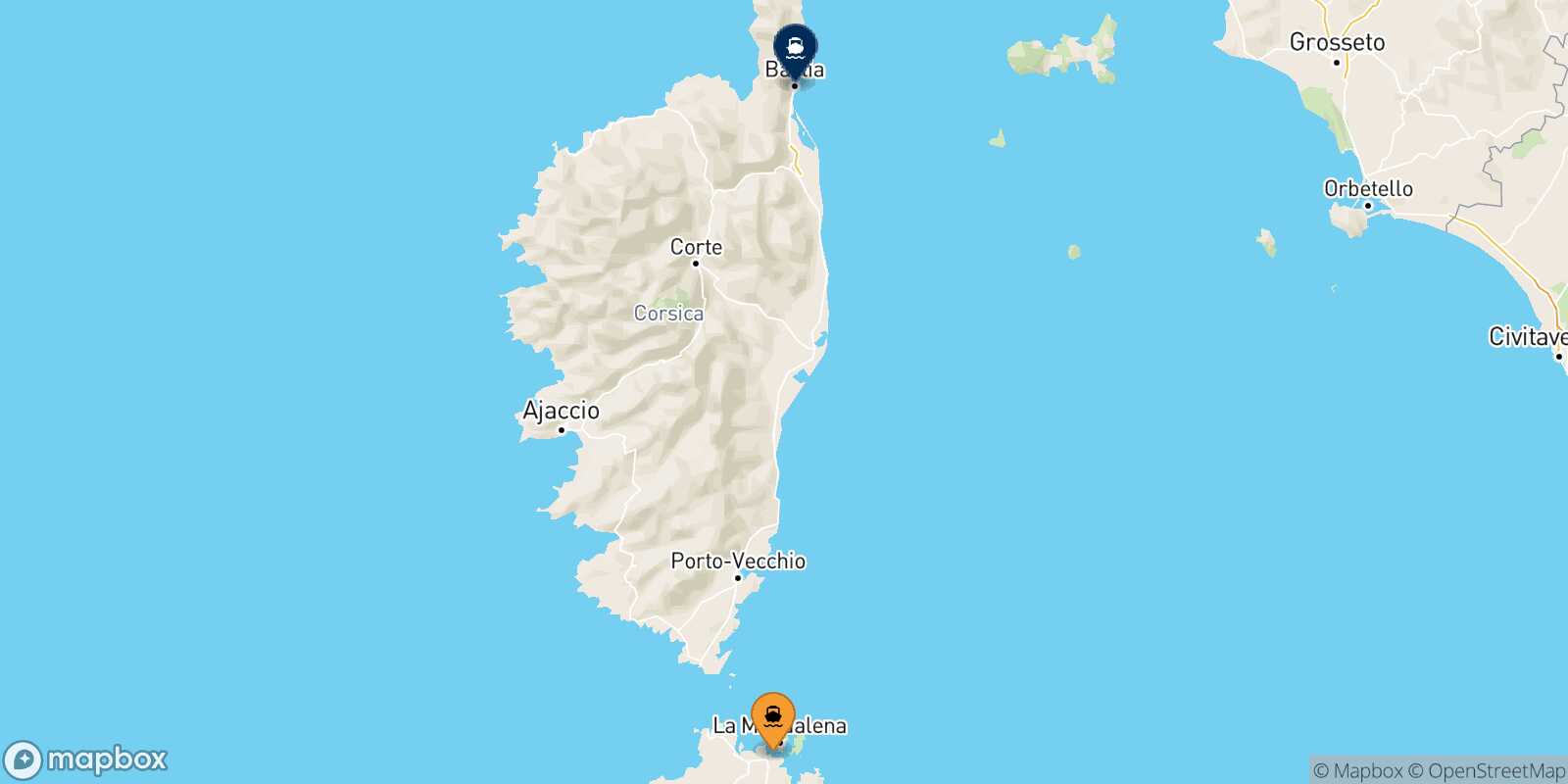 Mapa de los puertos conectados con  Bastia