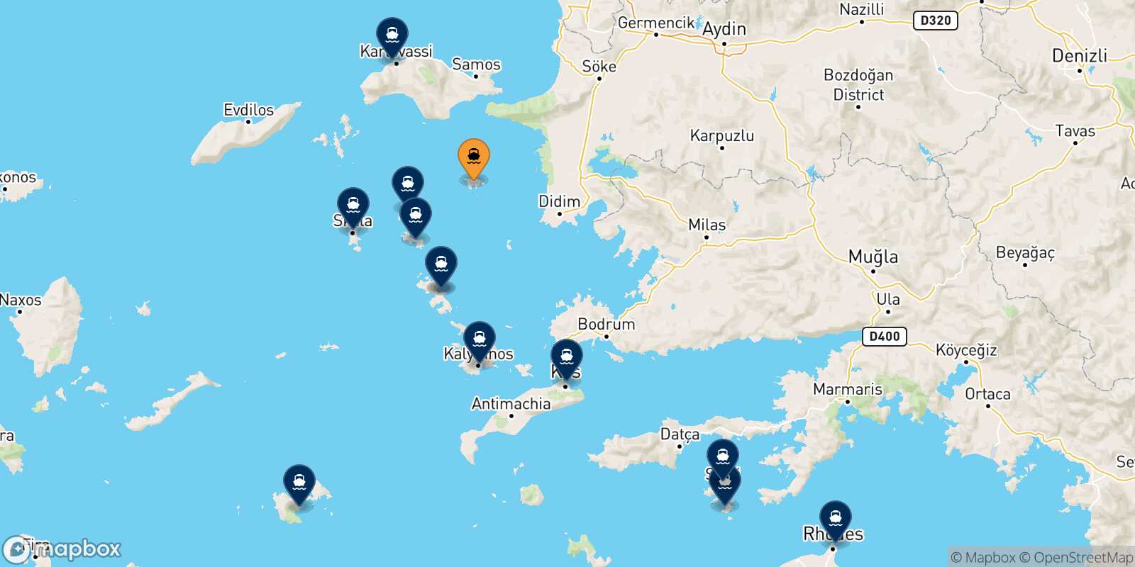 Mapa de los destinos alcanzables de Agathonisi