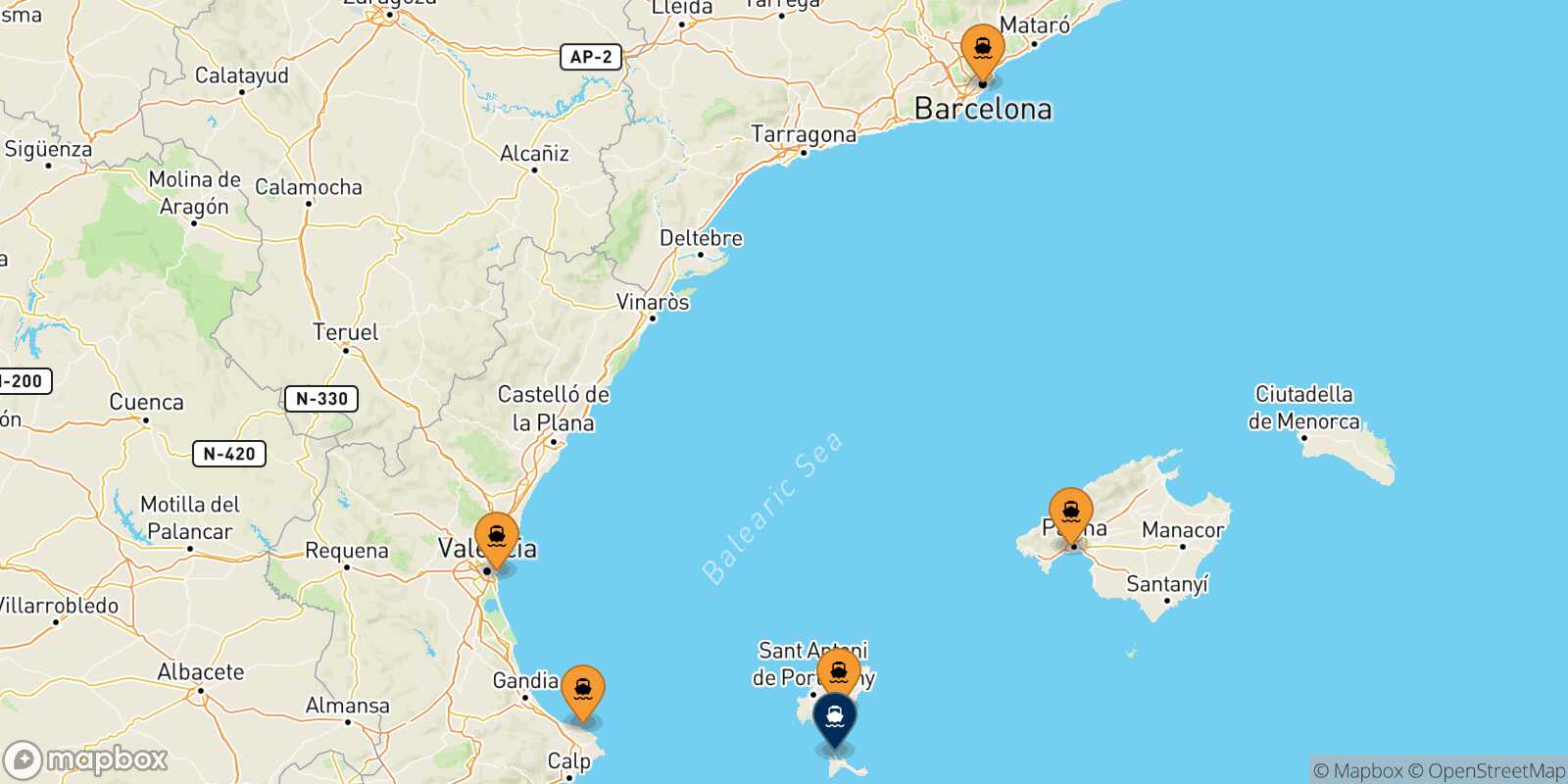 Mapa de los puertos conectados con  Formentera