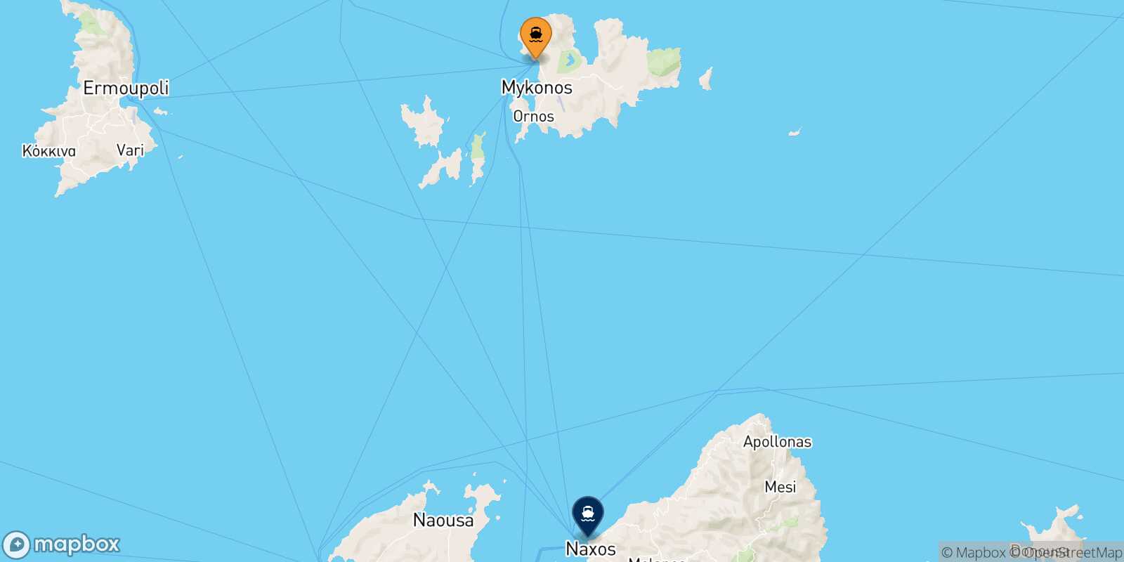 Mapa de la ruta Mykonos Naxos