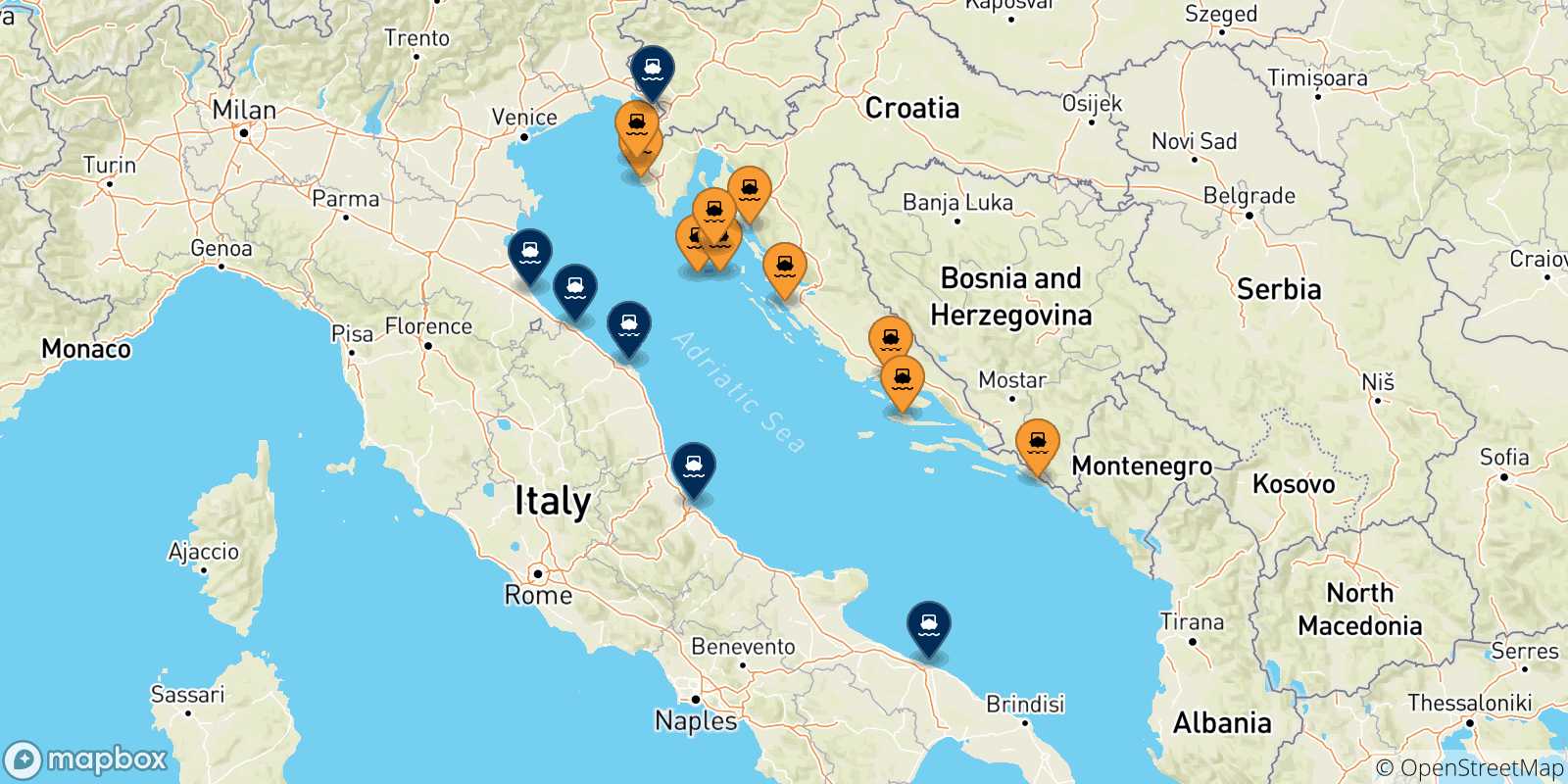 Mapa de las posibles rutas entre Croacia y  Italia
