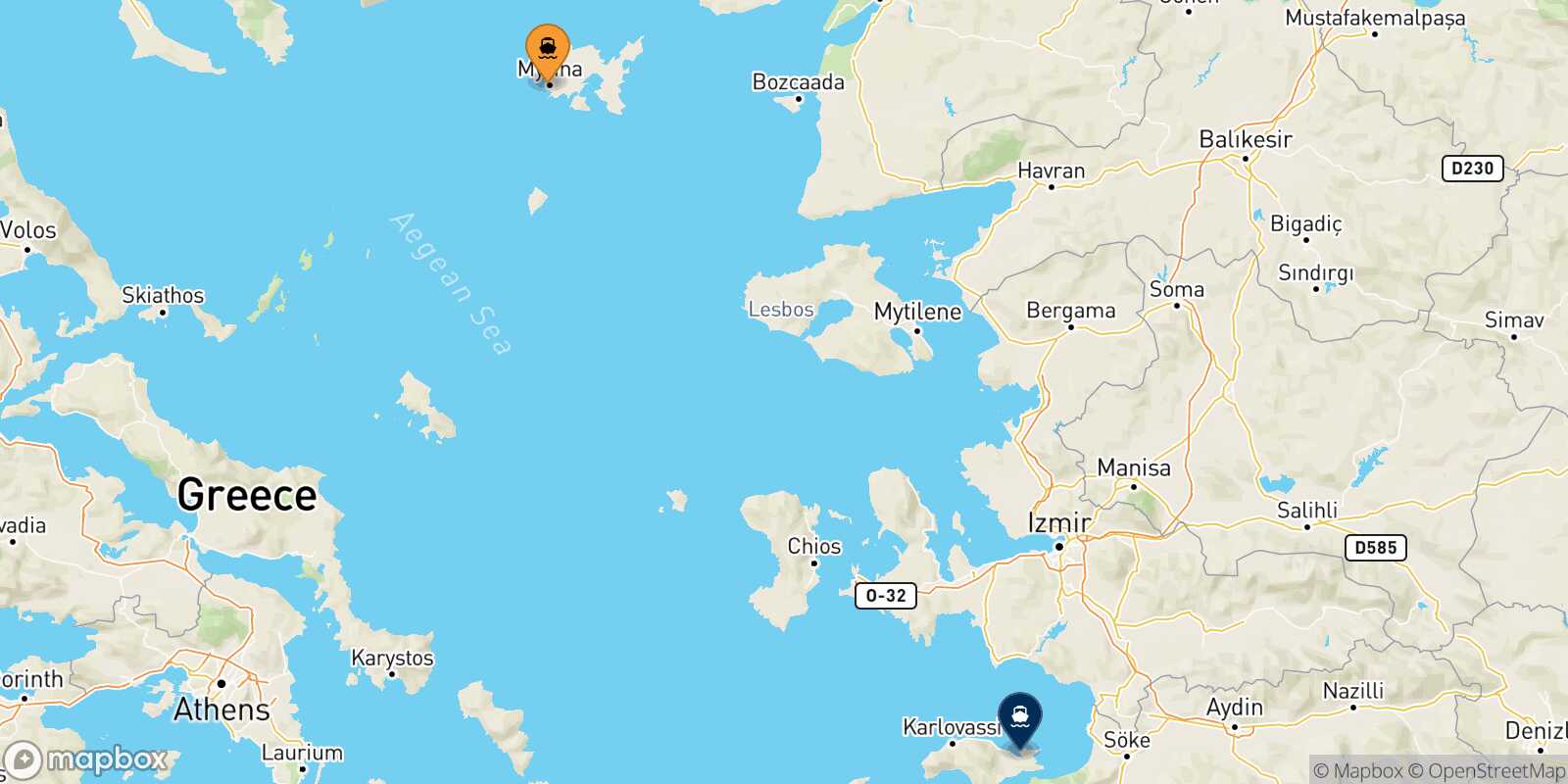 Mapa de la ruta Mirina (Limnos) Vathi (Samos)